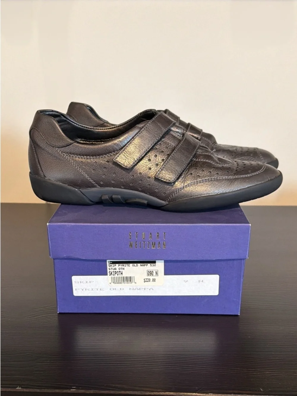 Stuart Weitzman Women’s Black Leather Slip-On Sneakers with Velcro Straps